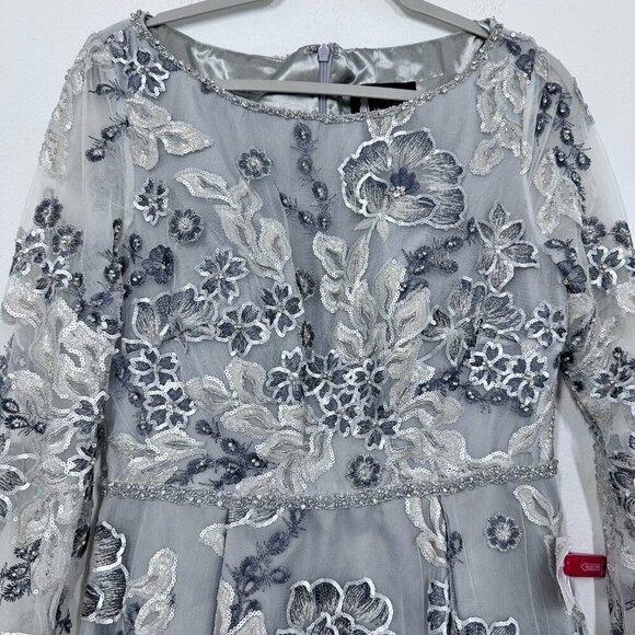 Mac Duggal Floral Embroidered Illusion Long Sleeve Gown Platinum Silver NWT 8 - Picture 6 of 12